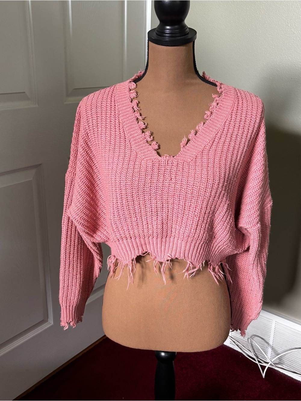 Zaful Distressed Cropped Pink Chunky Knit Sweater M